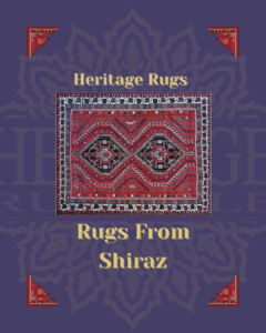 Vertical feature image titled "Persian Rugs Shiraz" - with a semi transparent Rug Heritage logo front and centre, as well as an authetic shiraz rug displayed in the middle as the centre piece