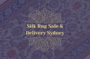 Feature Image titled "Silk Rug Sale & Delivery" with a semi transparent background of a persian rug with the Rug Heritage Logo front and centre.