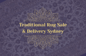 Feature image titled "Traditional Rug Sale Sydney" with a semi transparent background of a traditional silk rug from isfahan - with the rug heritage logo in the middle of the page in between the title text