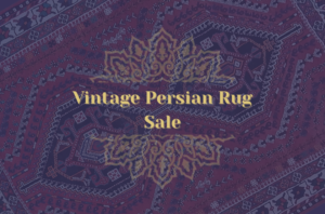 Feature Image titled "Vintage Persian Rug Sale" with a semi transparent background of a persian rug with the Rug Heritage Logo front and centre.