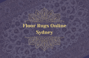 Feature image titled "Floor Rugs Online Sydney" with a semi transparent background of a traditional silk rug - with the rug heritage logo in the middle of the page in between the title text